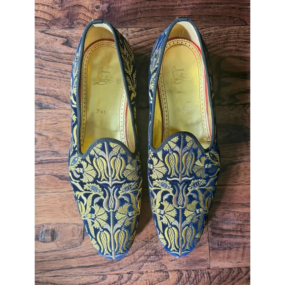 $1,595 New Christian Louboutin Embroidered Floral Velvet Loafers Black 45(12)